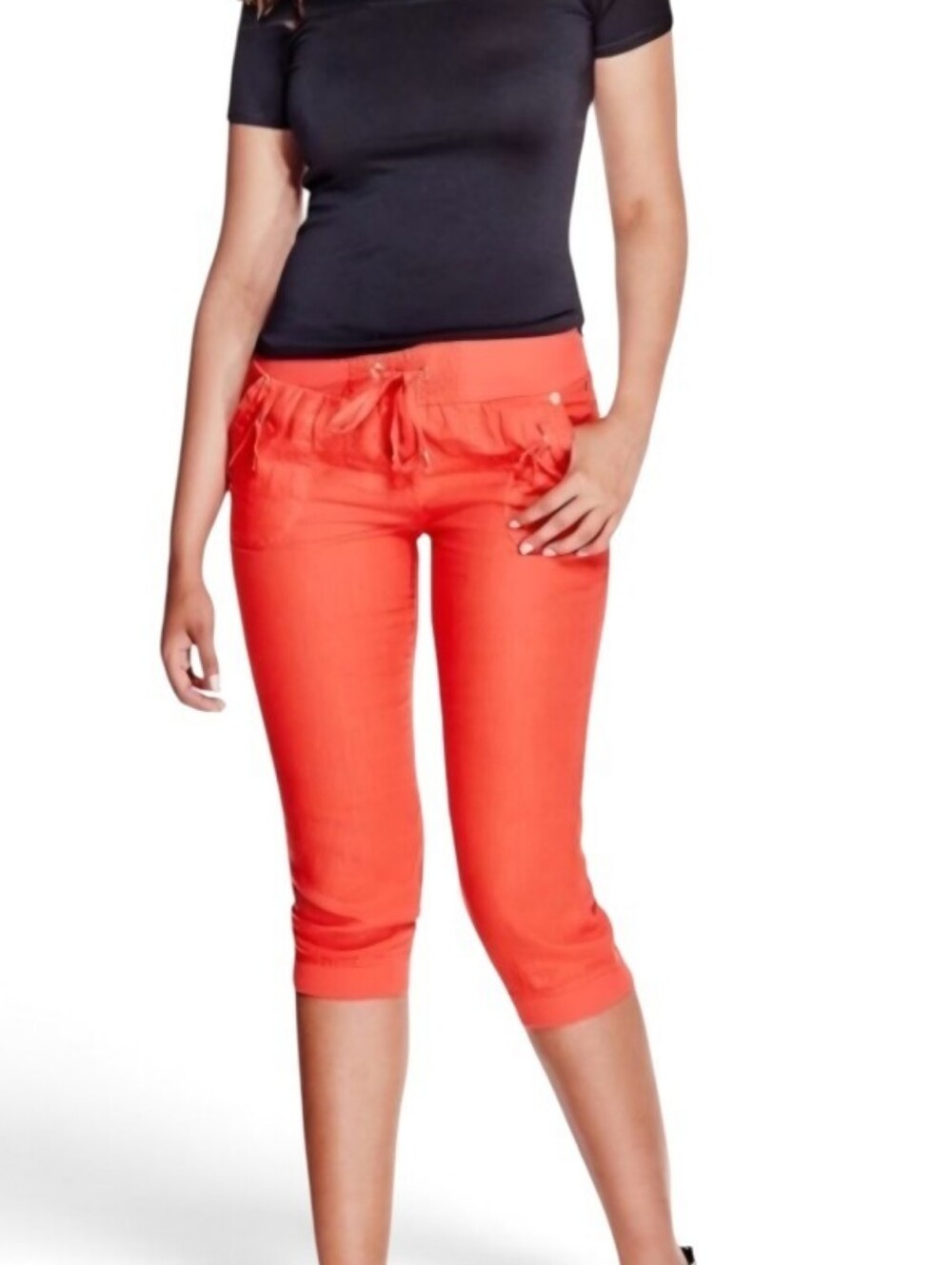 Guess Blaire 100% Linen Capri Drawstring Pants Pimento Orange XS